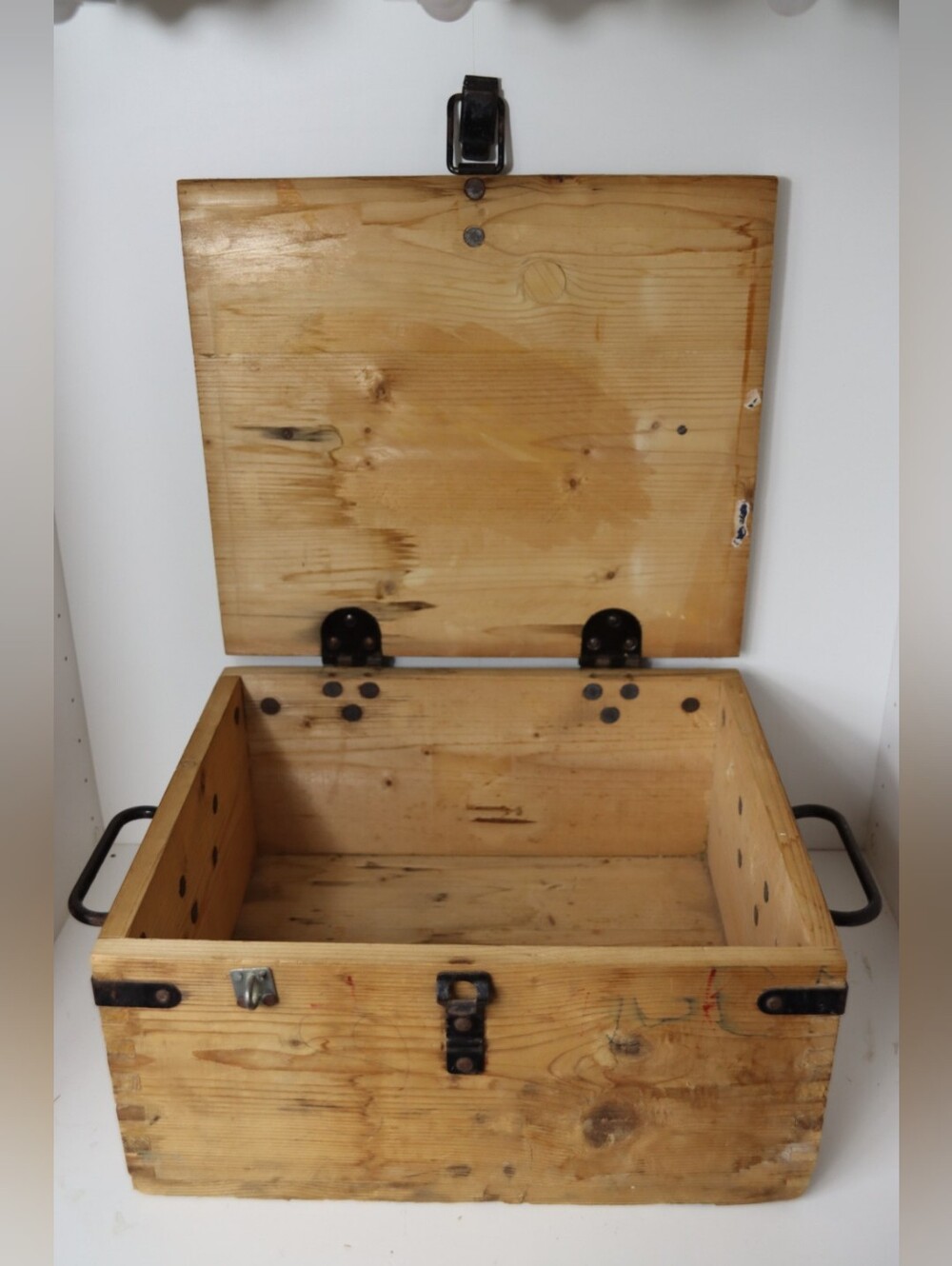 Wooden Storage Box with Black Metal Handles and Hardware - Natural Pine